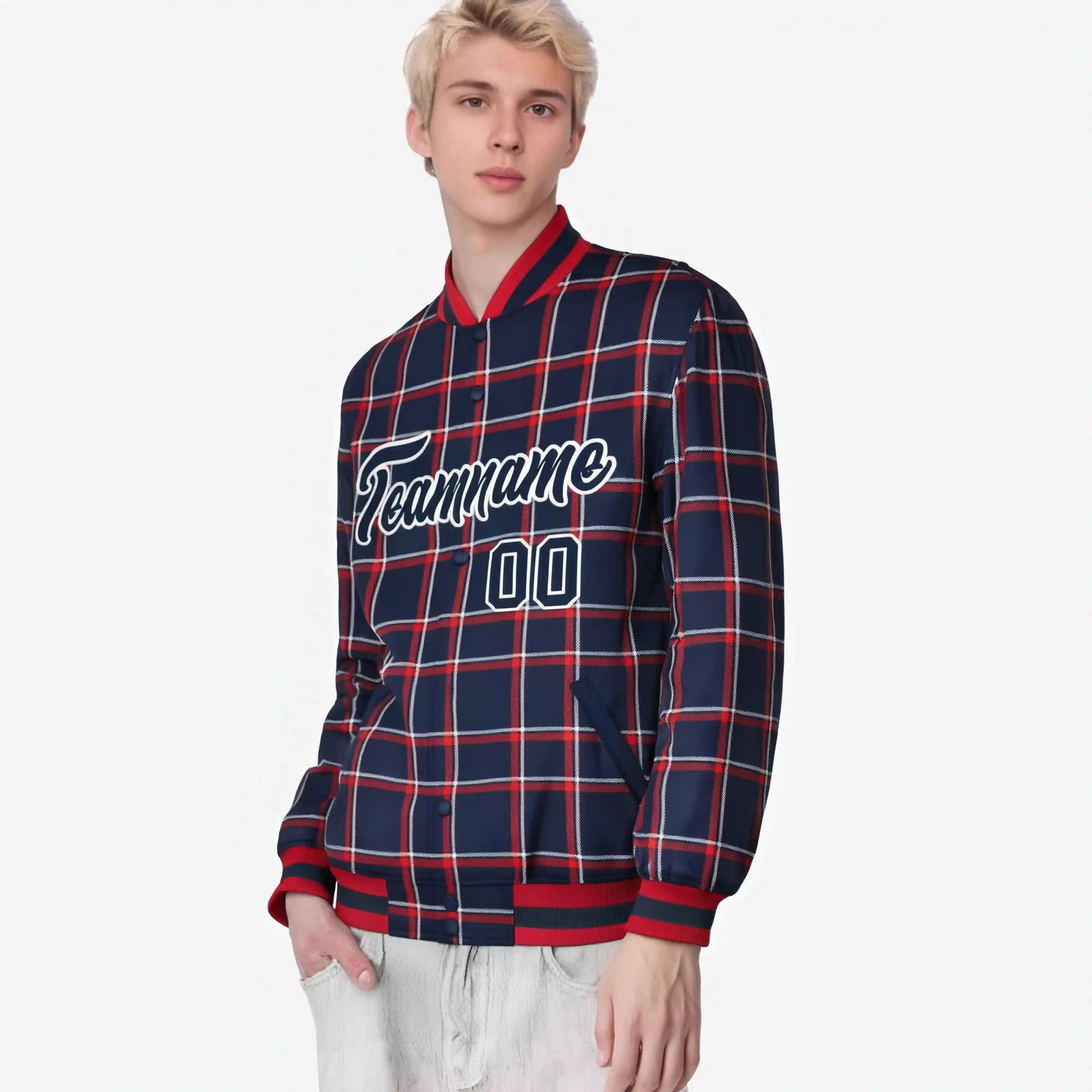 Custom Navy-Red Varsity Full-Snap Plaid Pattern Letterman Baseball Jacket