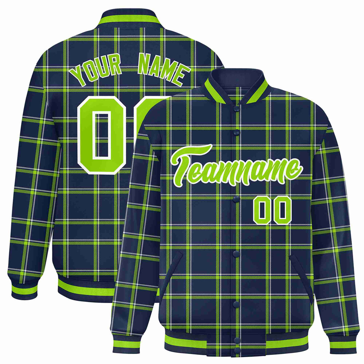 Custom Navy-Kelly Green Varsity Full-Snap Plaid Pattern Letterman Baseball Jacket