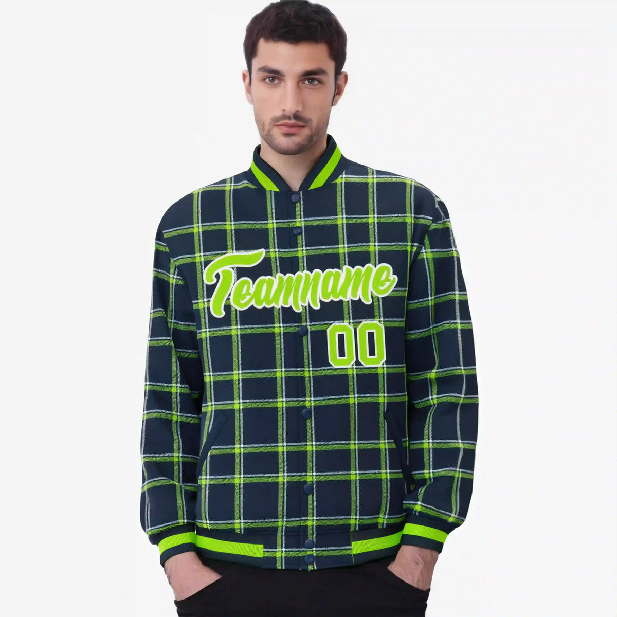 Custom Navy-Kelly Green Varsity Full-Snap Plaid Pattern Letterman Baseball Jacket