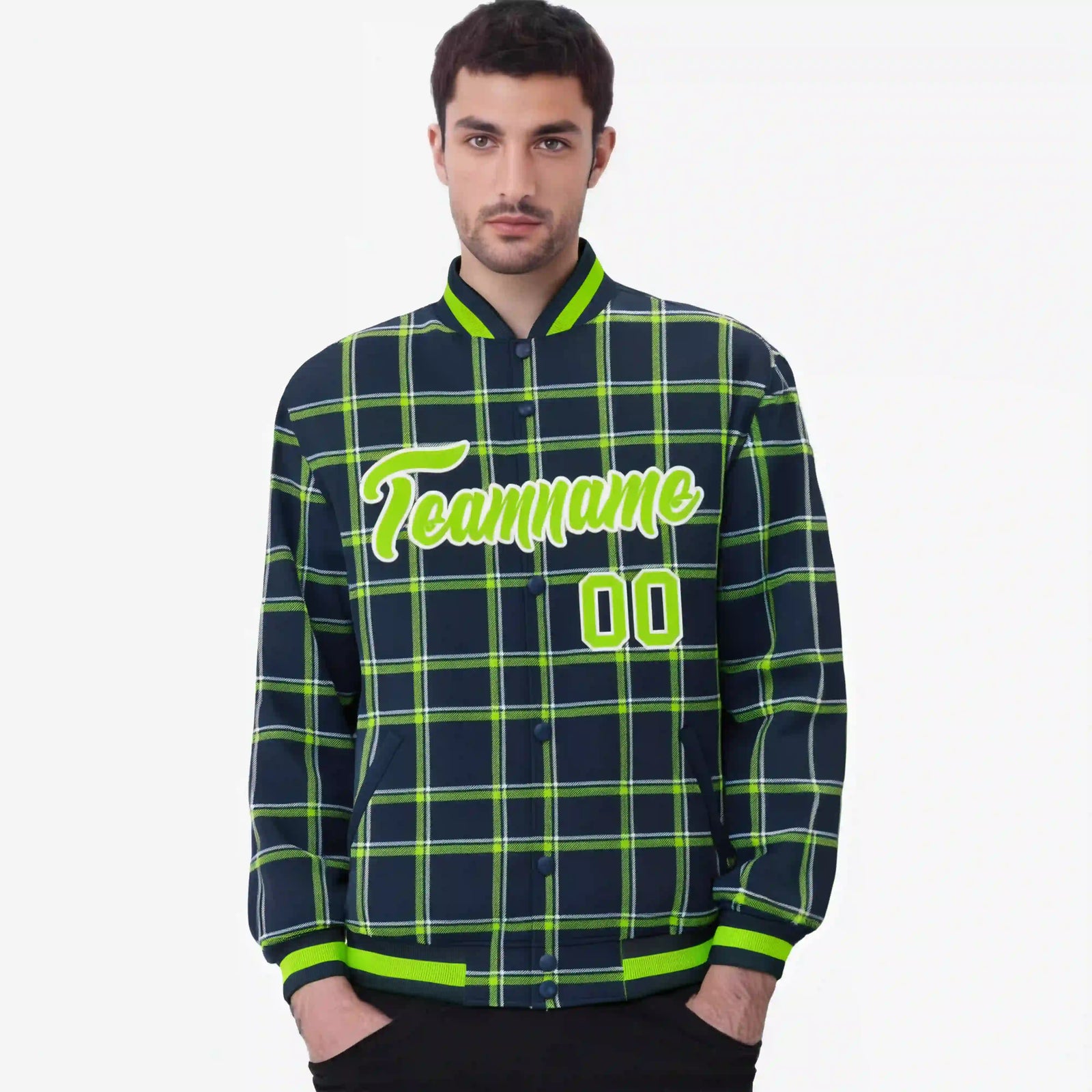 Custom Navy-Kelly Green Varsity Full-Snap Plaid Pattern Letterman Baseball Jacket