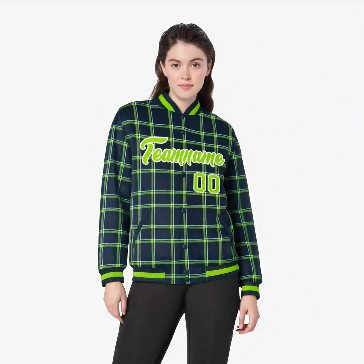 Custom Navy-Kelly Green Varsity Full-Snap Plaid Pattern Letterman Baseball Jacket