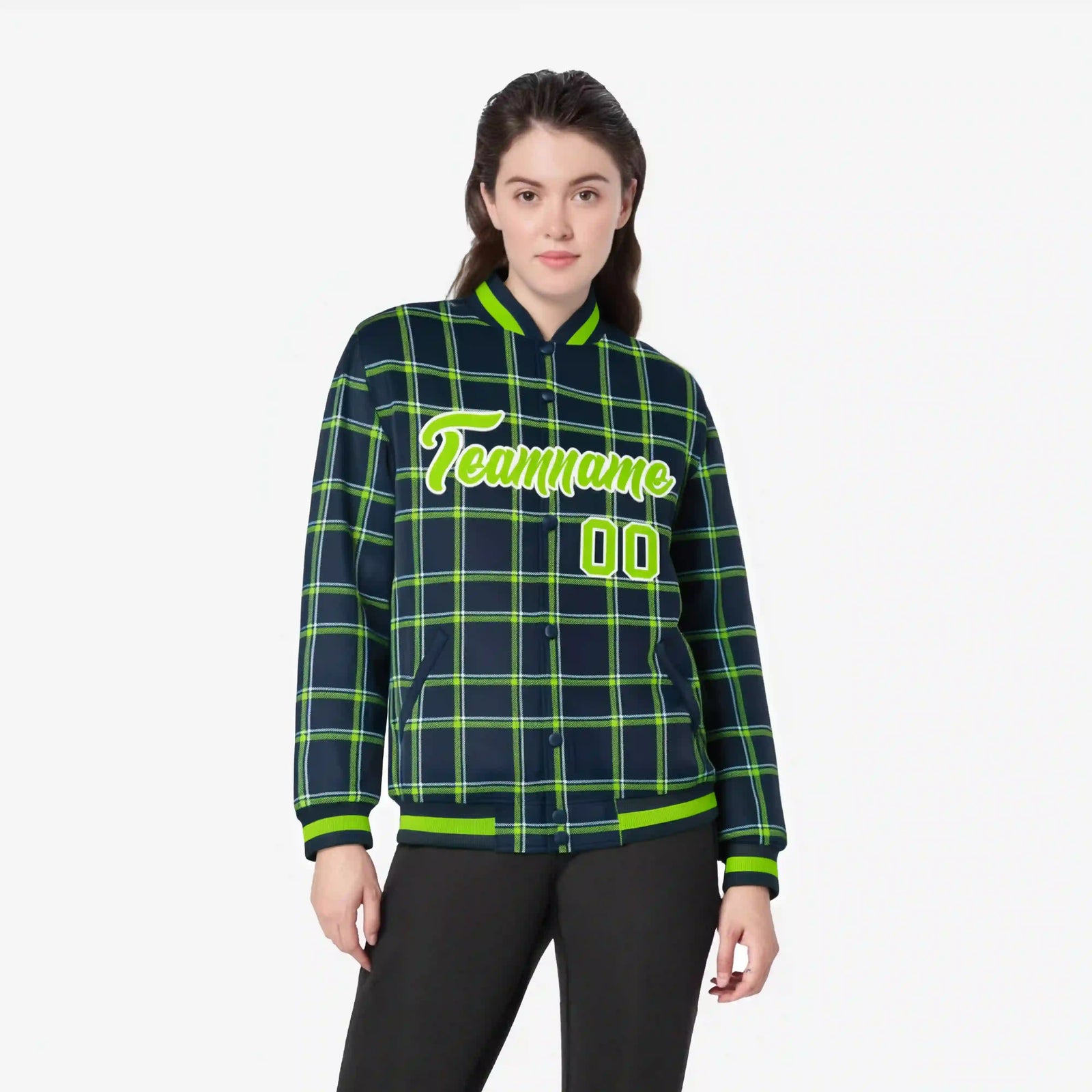 Custom Navy-Kelly Green Varsity Full-Snap Plaid Pattern Letterman Baseball Jacket