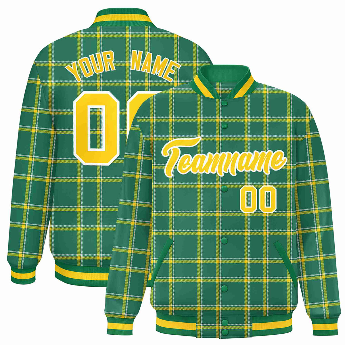 Custom Kelly Green-Gold Varsity Full-Snap Plaid Pattern Letterman Baseball Jacket