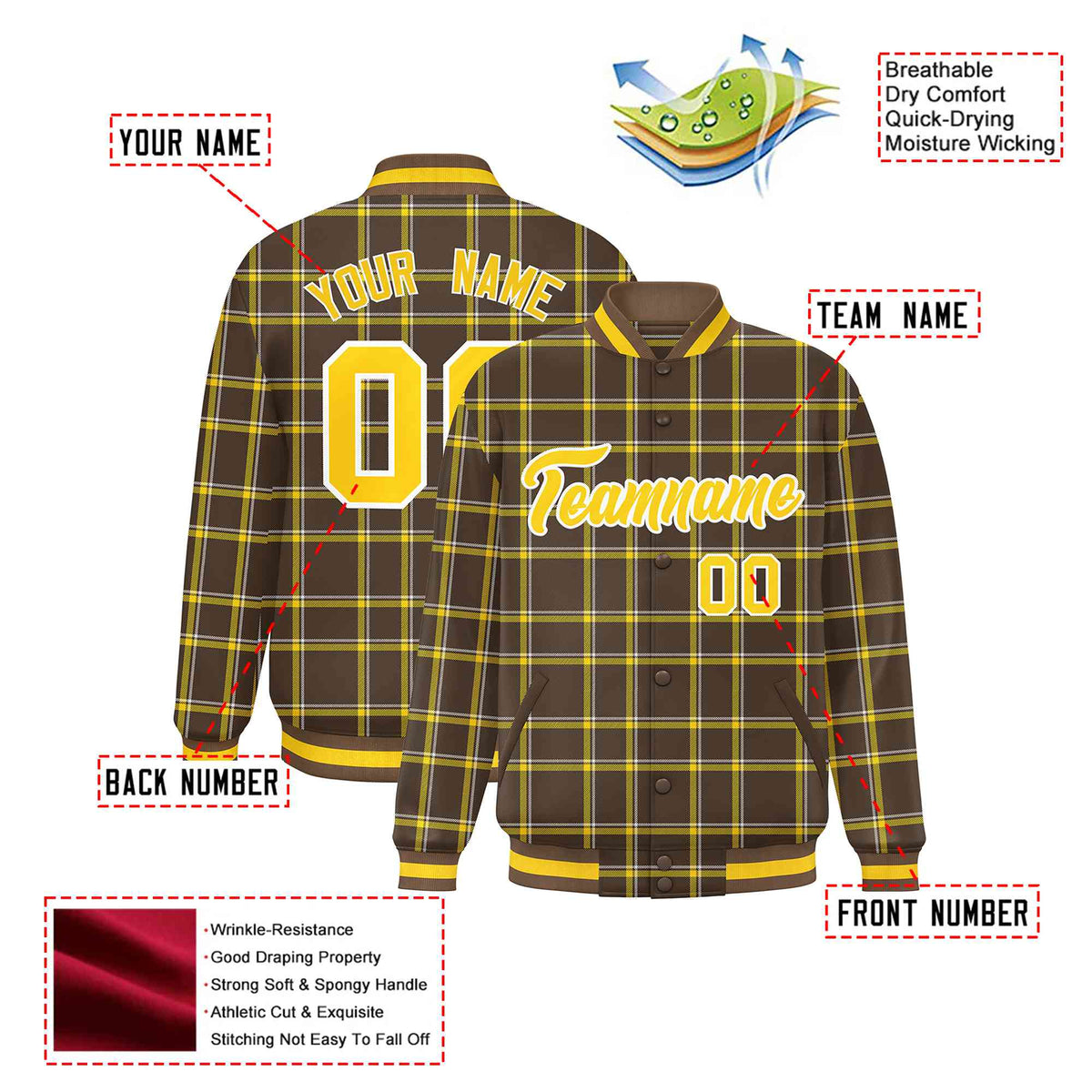 Custom Light Brown-Gold Varsity Full-Snap Plaid Pattern Letterman Baseball Jacket