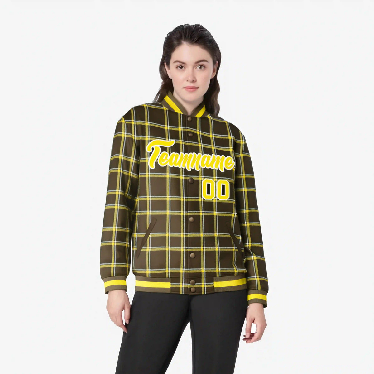 Custom Light Brown-Gold Varsity Full-Snap Plaid Pattern Letterman Baseball Jacket