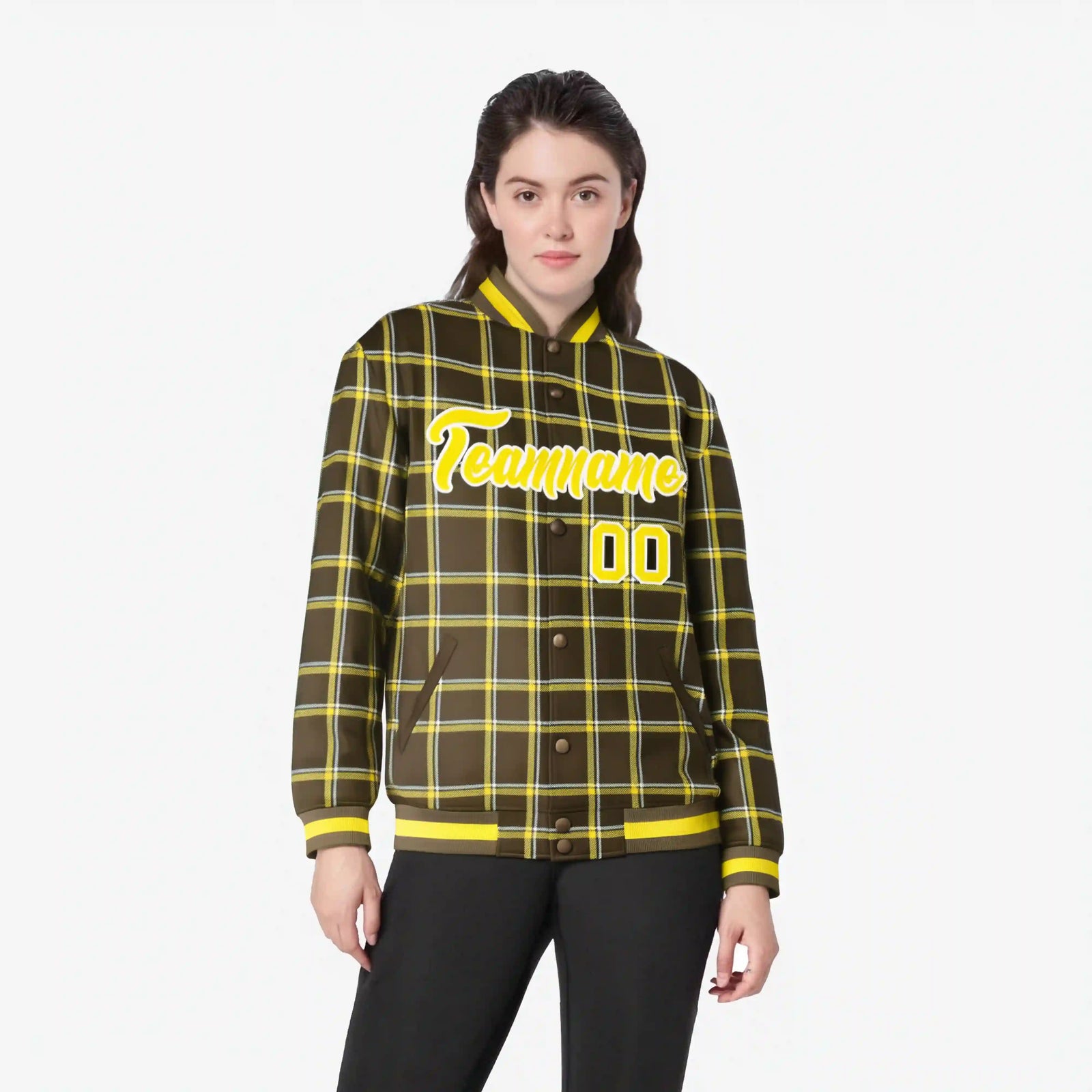 Custom Light Brown-Gold Varsity Full-Snap Plaid Pattern Letterman Baseball Jacket