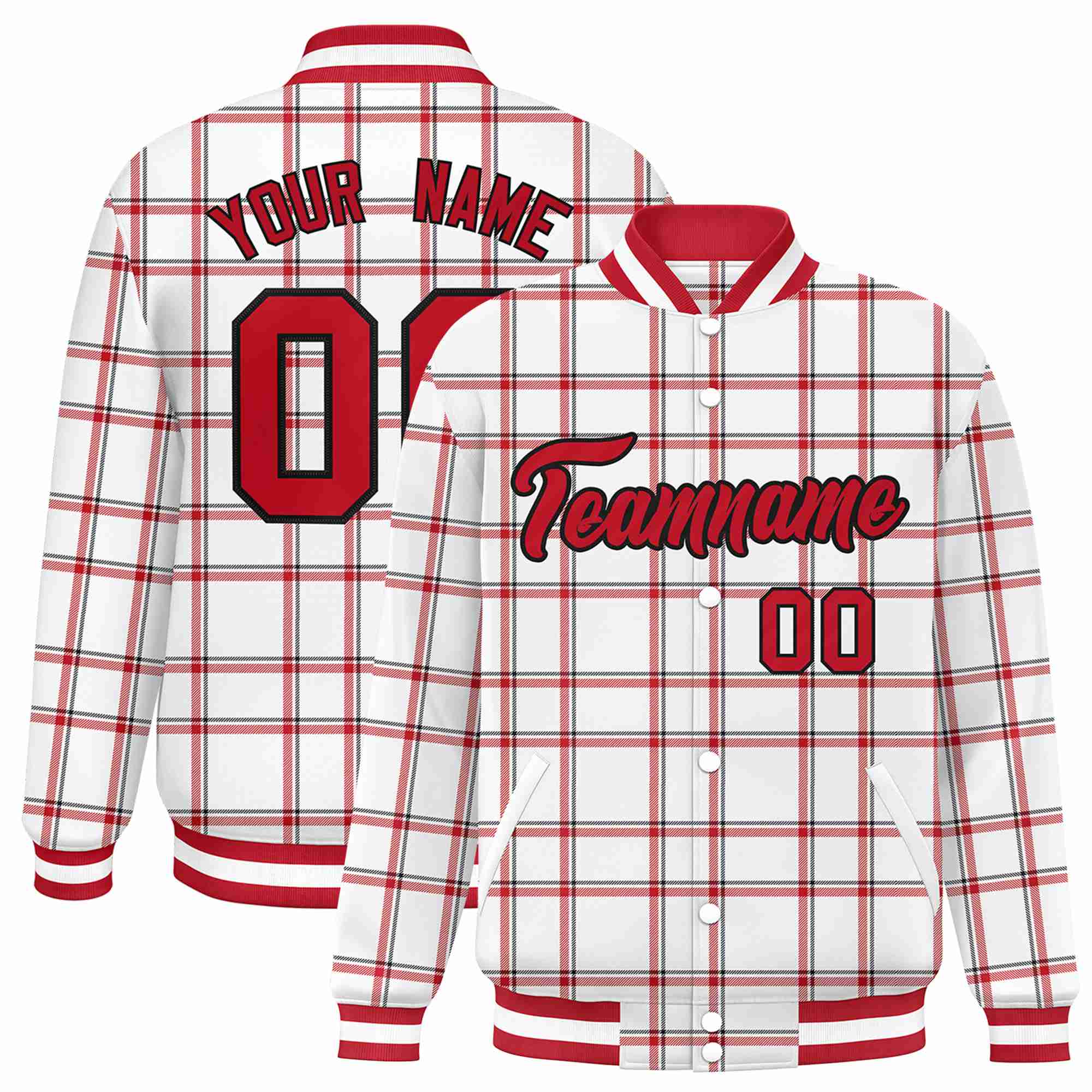 Custom White-Red Varsity Full-Snap Plaid Pattern Letterman Baseball Jacket