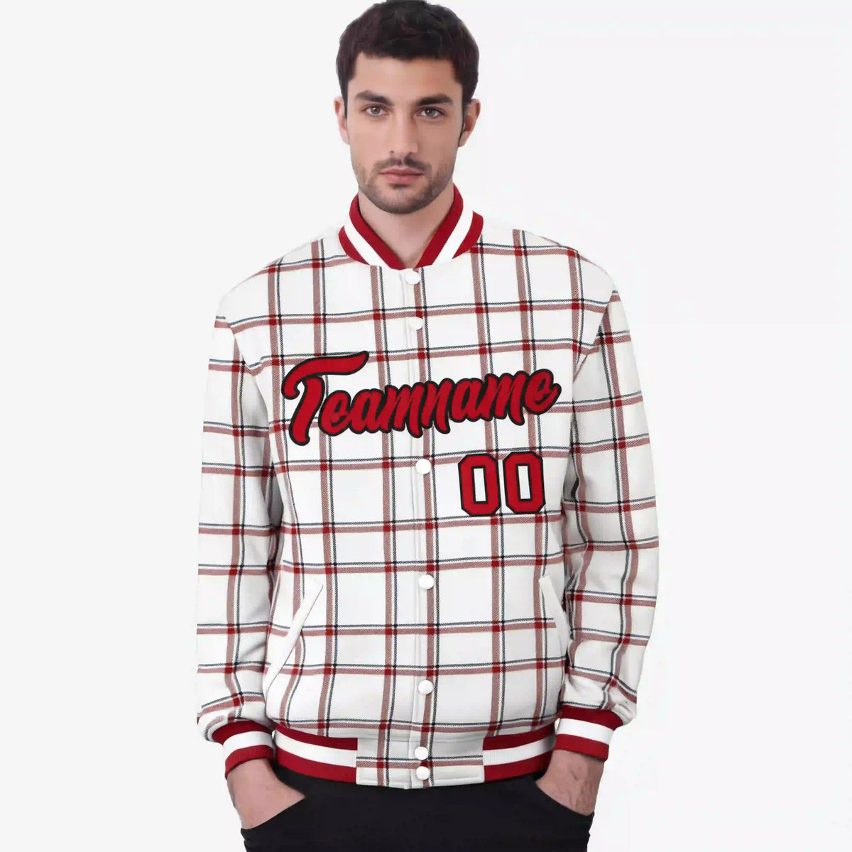 Custom White-Red Varsity Full-Snap Plaid Pattern Letterman Baseball Jacket