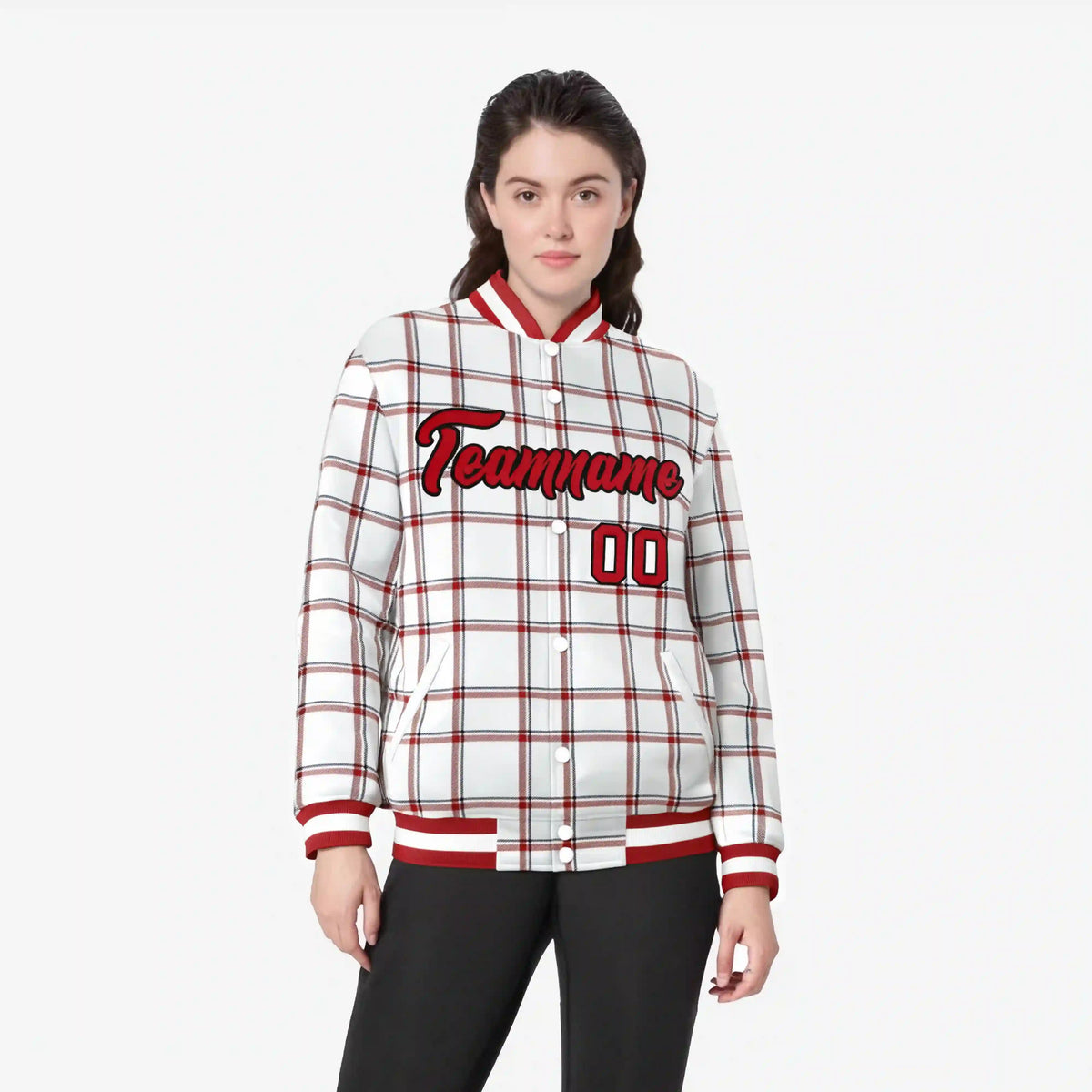 Custom White-Red Varsity Full-Snap Plaid Pattern Letterman Baseball Jacket