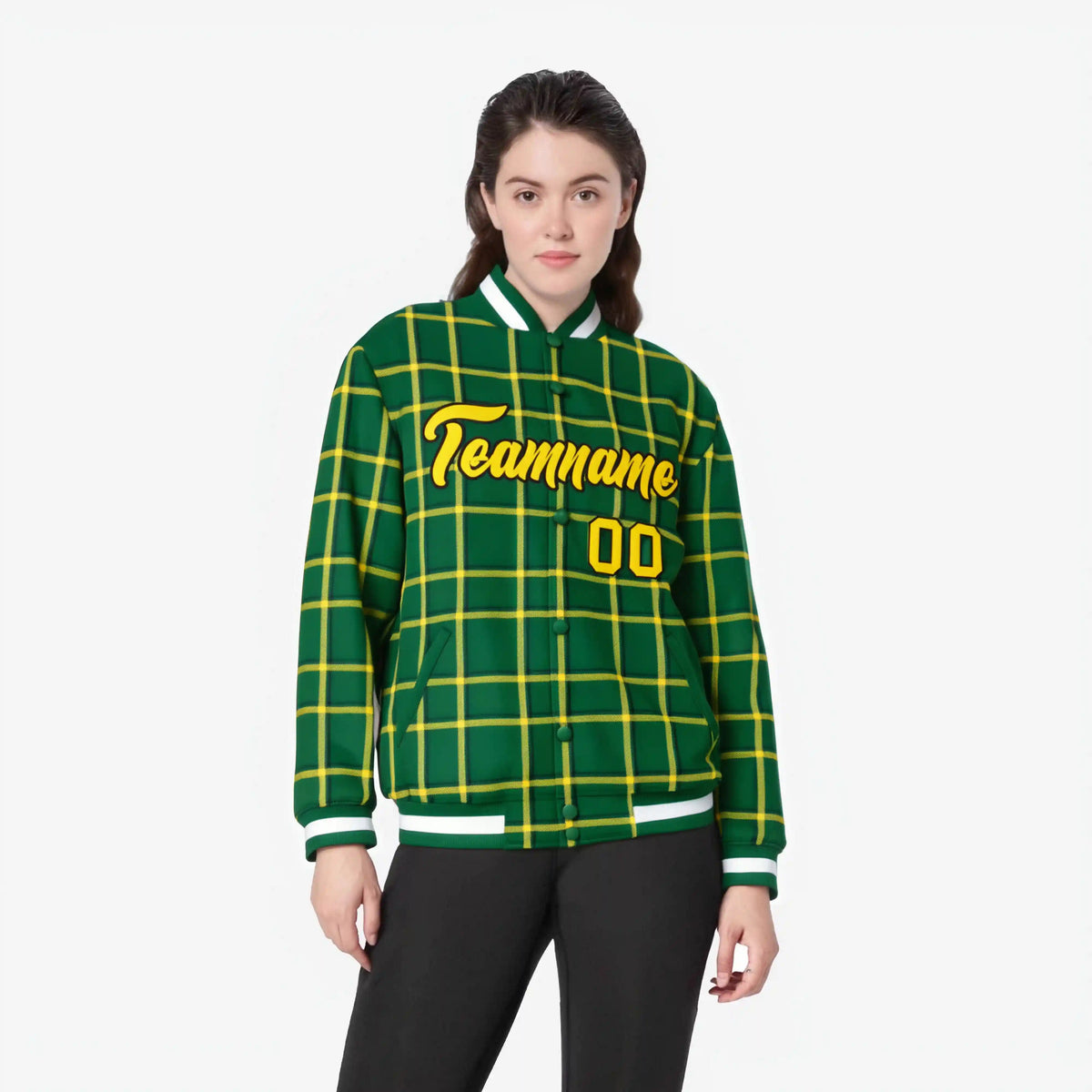 Custom Green-Gold Varsity Full-Snap Plaid Pattern Letterman Baseball Jacket
