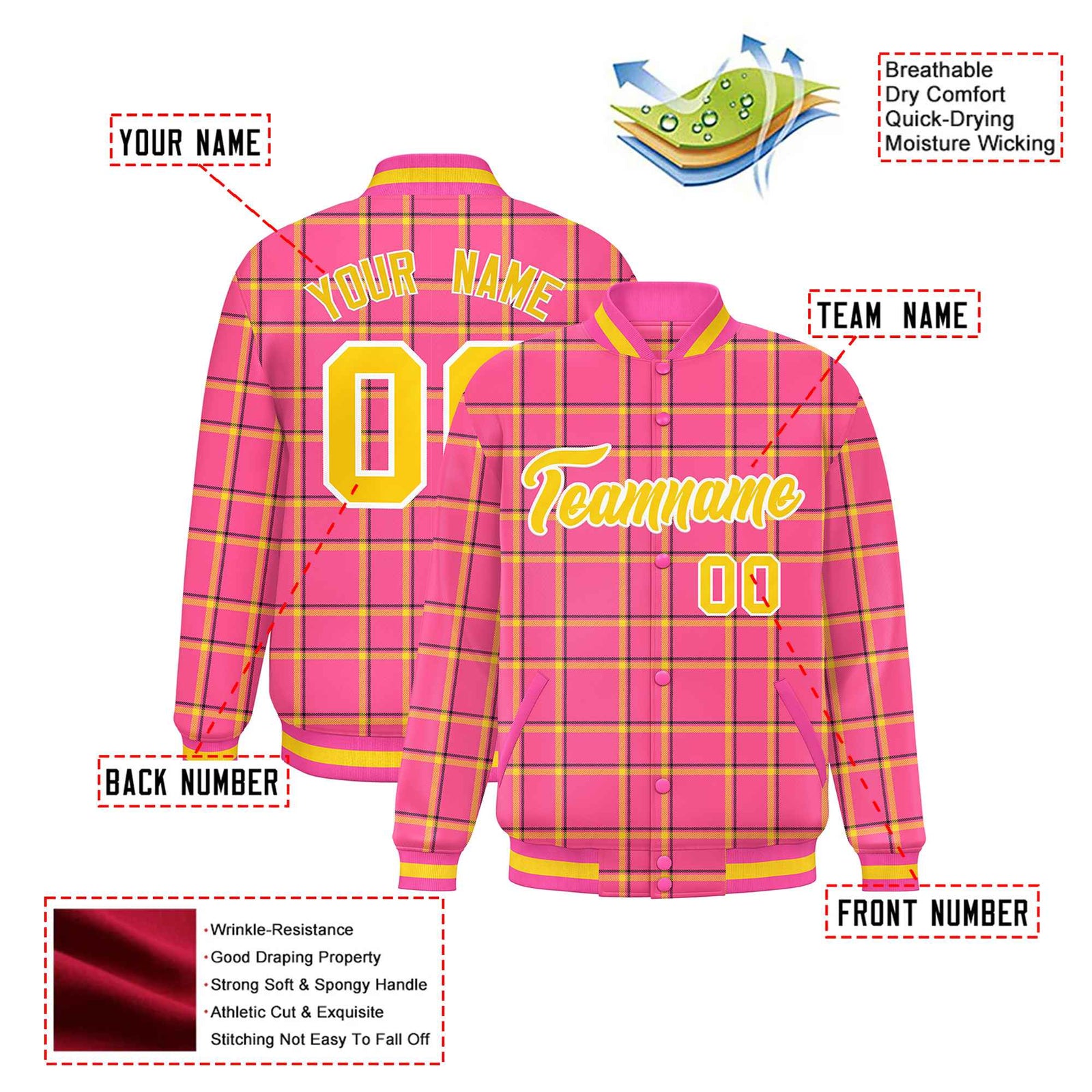 Custom Pink-Gold Varsity Full-Snap Plaid Pattern Letterman Baseball Jacket