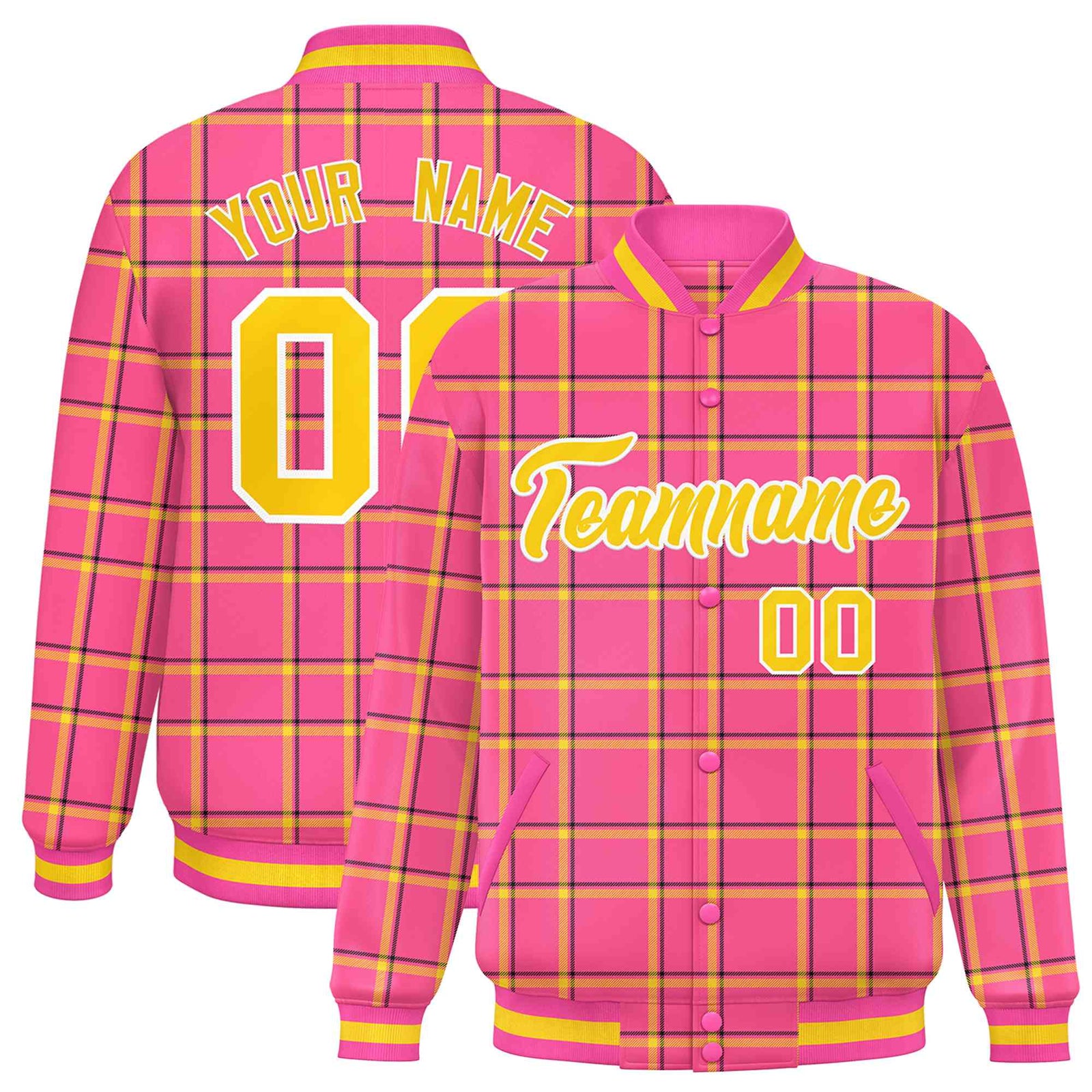 Custom Pink-Gold Varsity Full-Snap Plaid Pattern Letterman Baseball Jacket