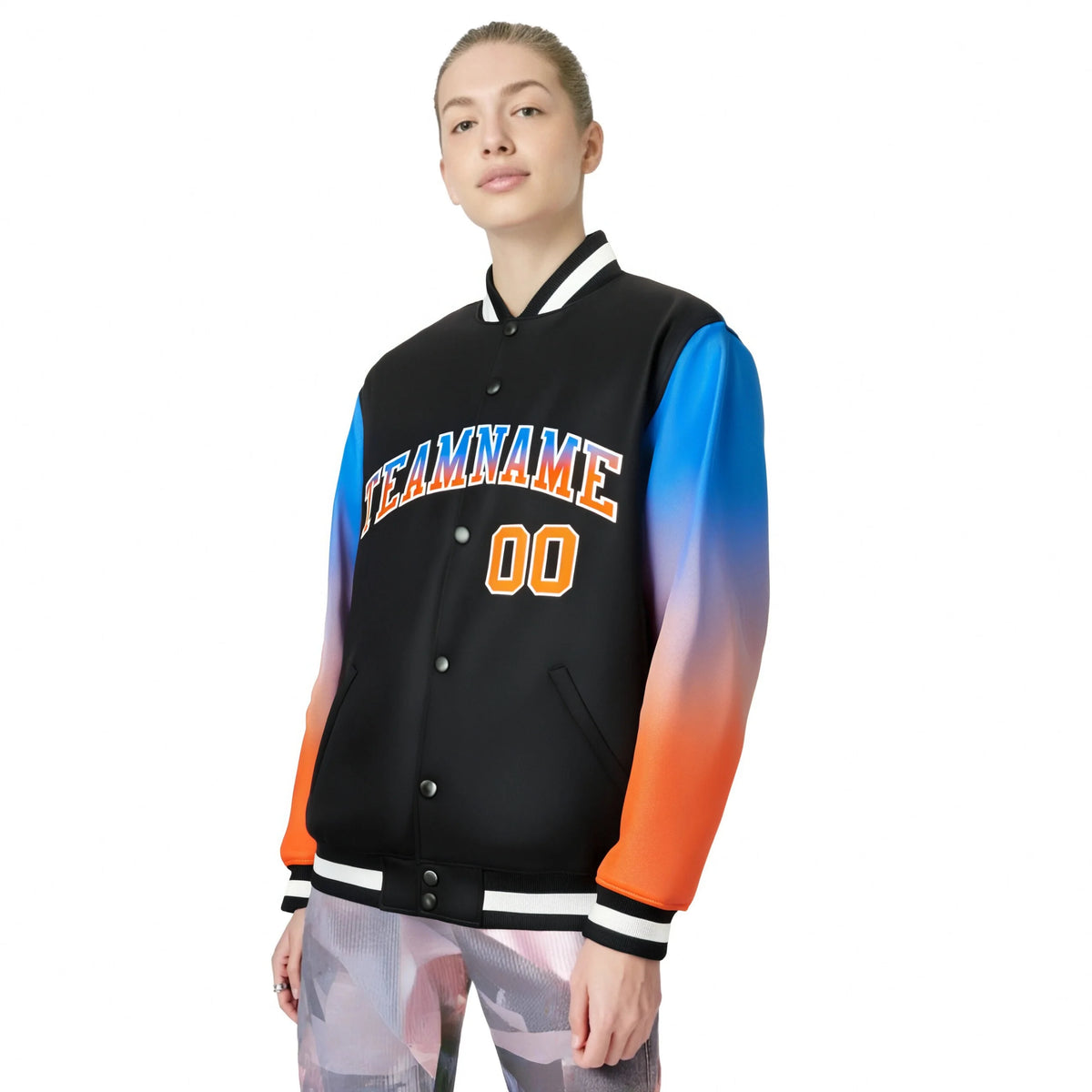 Custom Black Powder Blue-Orange Varsity Full-Snap Sleeve Gradient Fashion Letterman Baseball Jacket