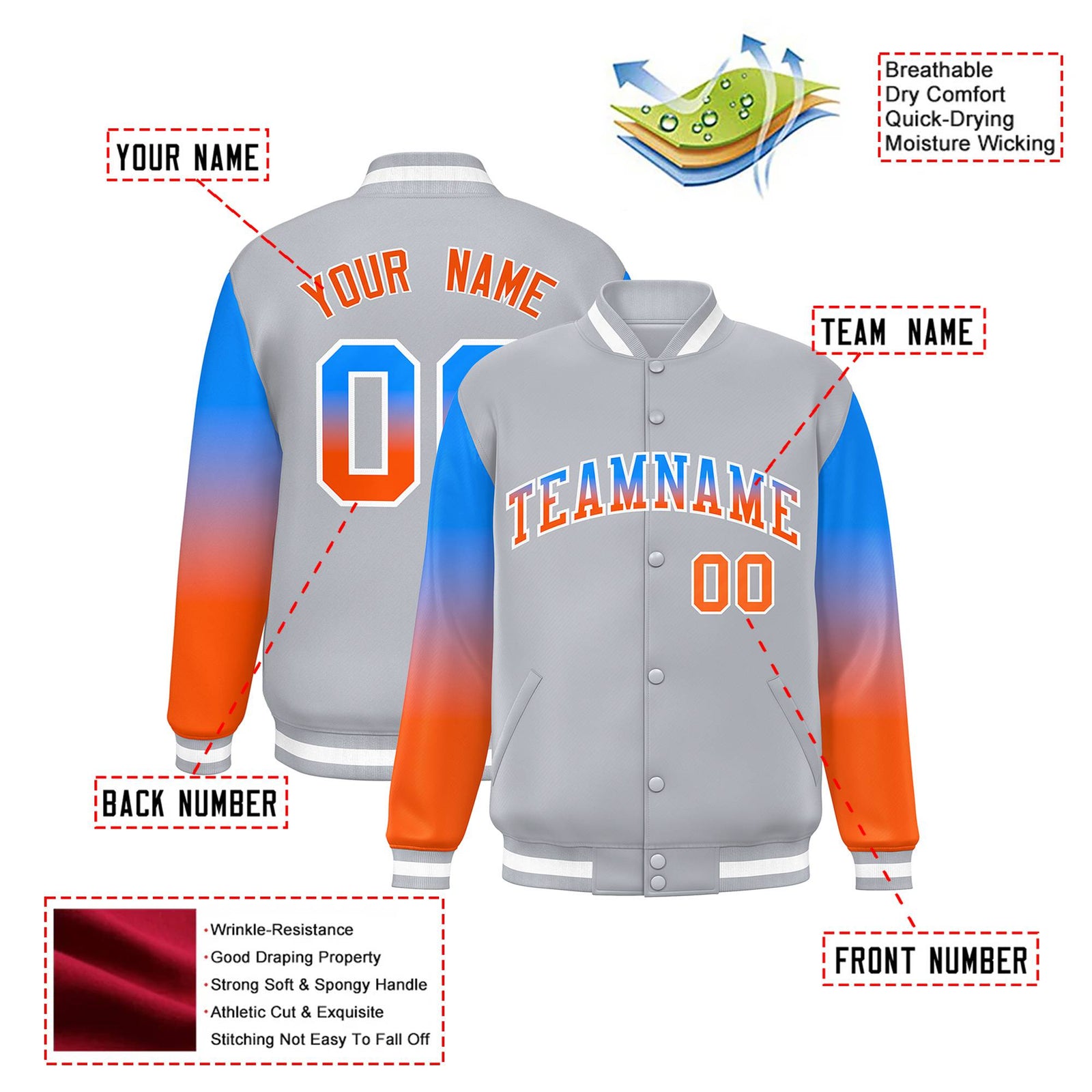 Custom Gray Powder Blue-Orange Varsity Full-Snap Sleeve Gradient Fashion Letterman Baseball Jacket
