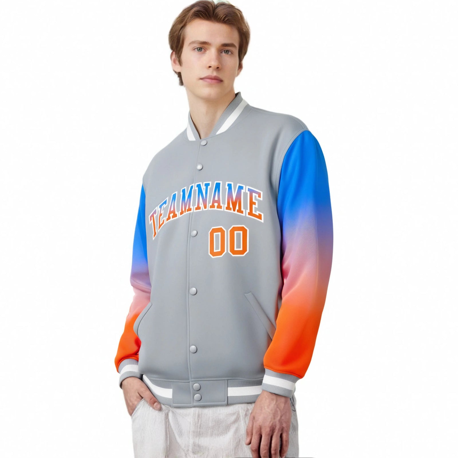 Custom Gray Powder Blue-Orange Varsity Full-Snap Sleeve Gradient Fashion Letterman Baseball Jacket