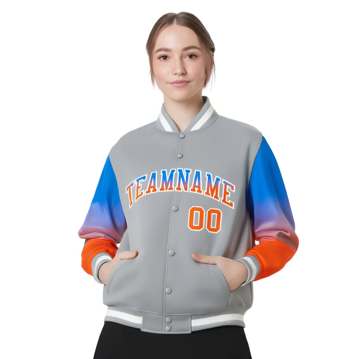 Custom Gray Powder Blue-Orange Varsity Full-Snap Sleeve Gradient Fashion Letterman Baseball Jacket