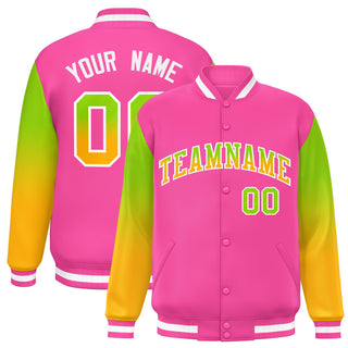 Chaqueta de béisbol universitaria personalizada, con mangas a presión y degradado, en rosa, neón, verde y amarillo. - Estilo 1