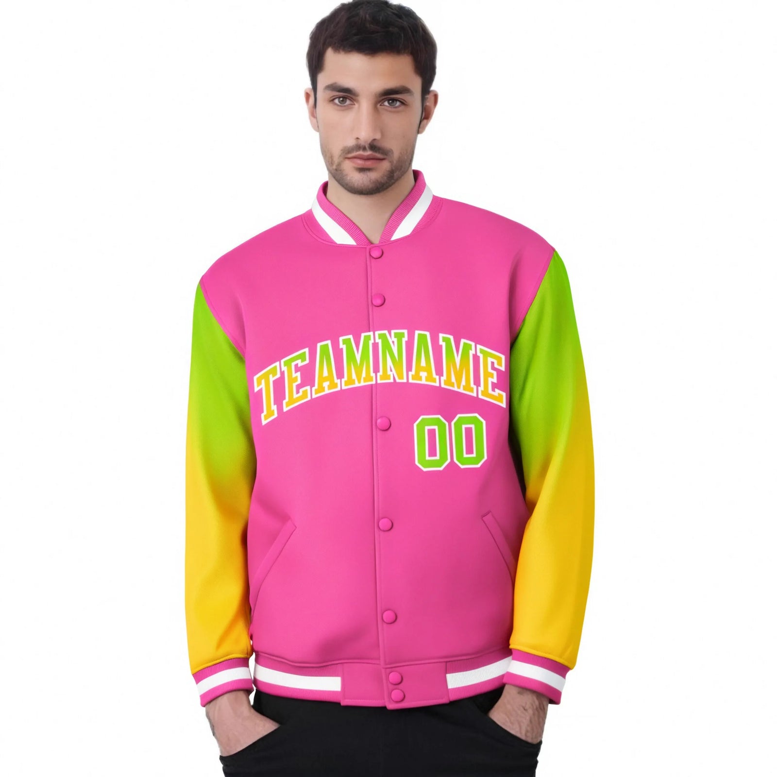 Custom Pink Neon Green-Yellow Varsity Full-Snap Sleeve Gradient Fashion Letterman Baseball Jacket