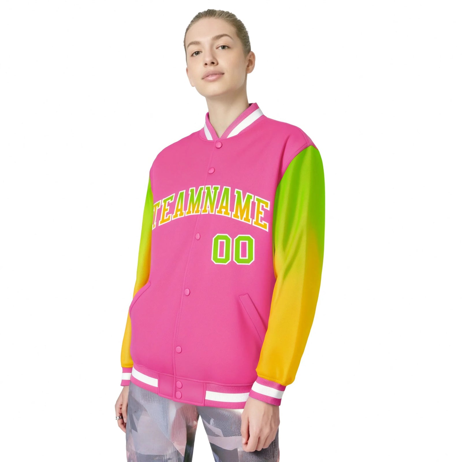 Custom Pink Neon Green-Yellow Varsity Full-Snap Sleeve Gradient Fashion Letterman Baseball Jacket