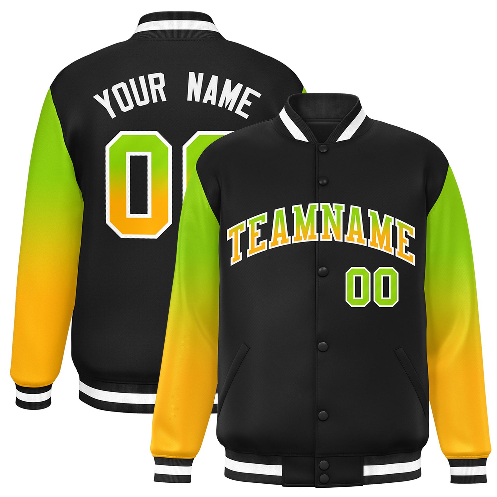 Custom Black Neon Green-Yellow Varsity Full-Snap Sleeve Gradient Fashion Letterman Baseball Jacket