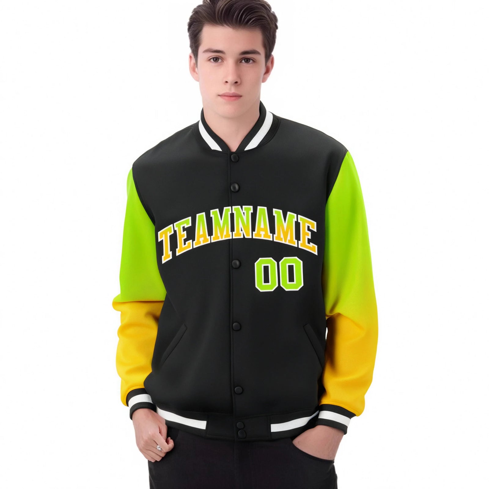 Custom Black Neon Green-Yellow Varsity Full-Snap Sleeve Gradient Fashion Letterman Baseball Jacket