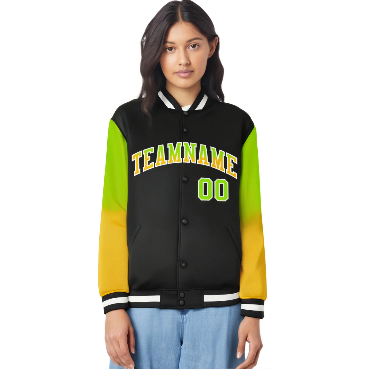 Custom Black Neon Green-Yellow Varsity Full-Snap Sleeve Gradient Fashion Letterman Baseball Jacket