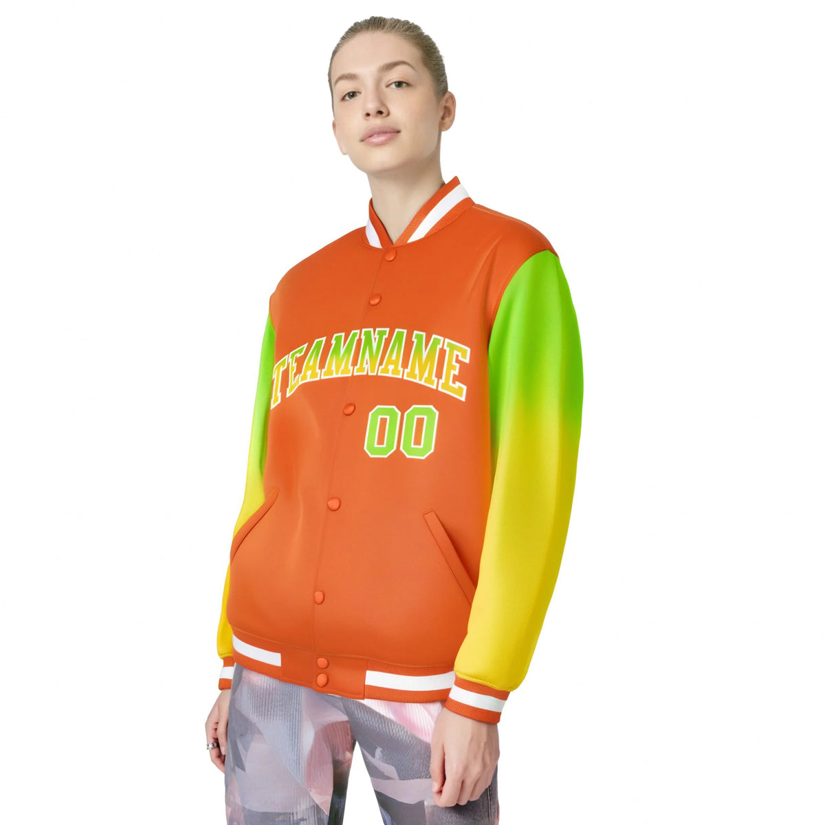 Custom Orange Neon Green-Yellow Varsity Full-Snap Sleeve Gradient Fashion Letterman Baseball Jacket