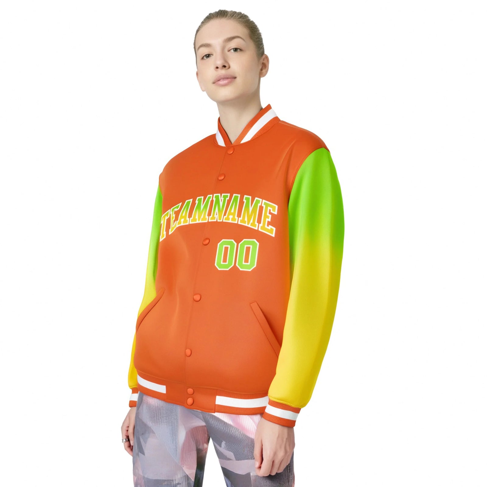 Custom Orange Neon Green-Yellow Varsity Full-Snap Sleeve Gradient Fashion Letterman Baseball Jacket
