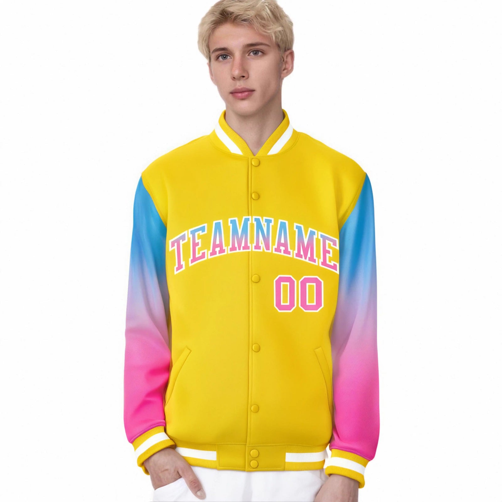 Custom Gold Powder Blue-Pink Varsity Full-Snap Sleeve Gradient Fashion Letterman Baseball Jacket