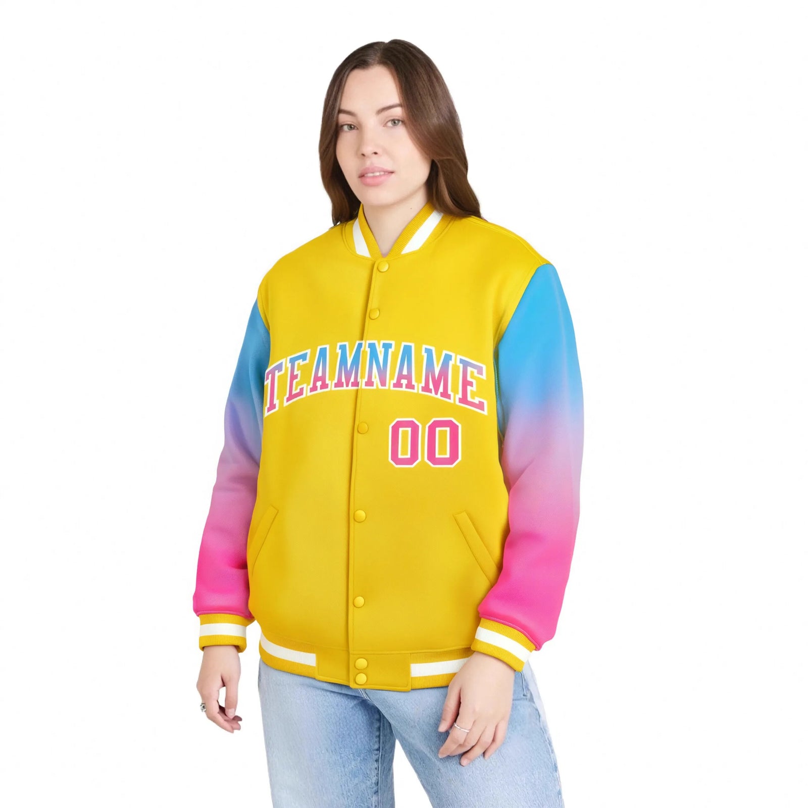 Custom Gold Powder Blue-Pink Varsity Full-Snap Sleeve Gradient Fashion Letterman Baseball Jacket