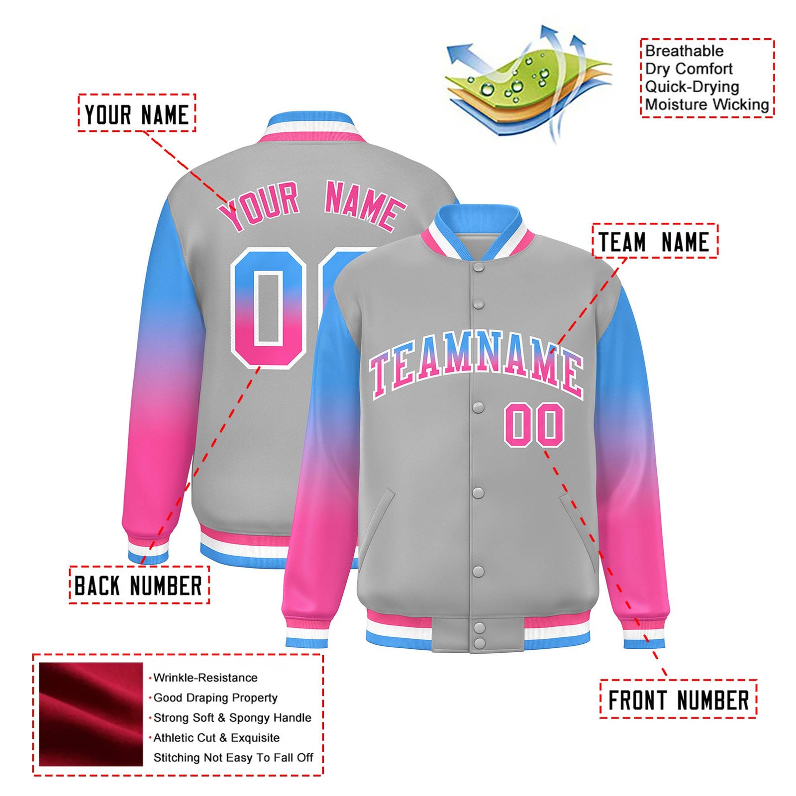 Custom Gray Powder Blue-Pink Varsity Full-Snap Sleeve Gradient Fashion Letterman Baseball Jacket