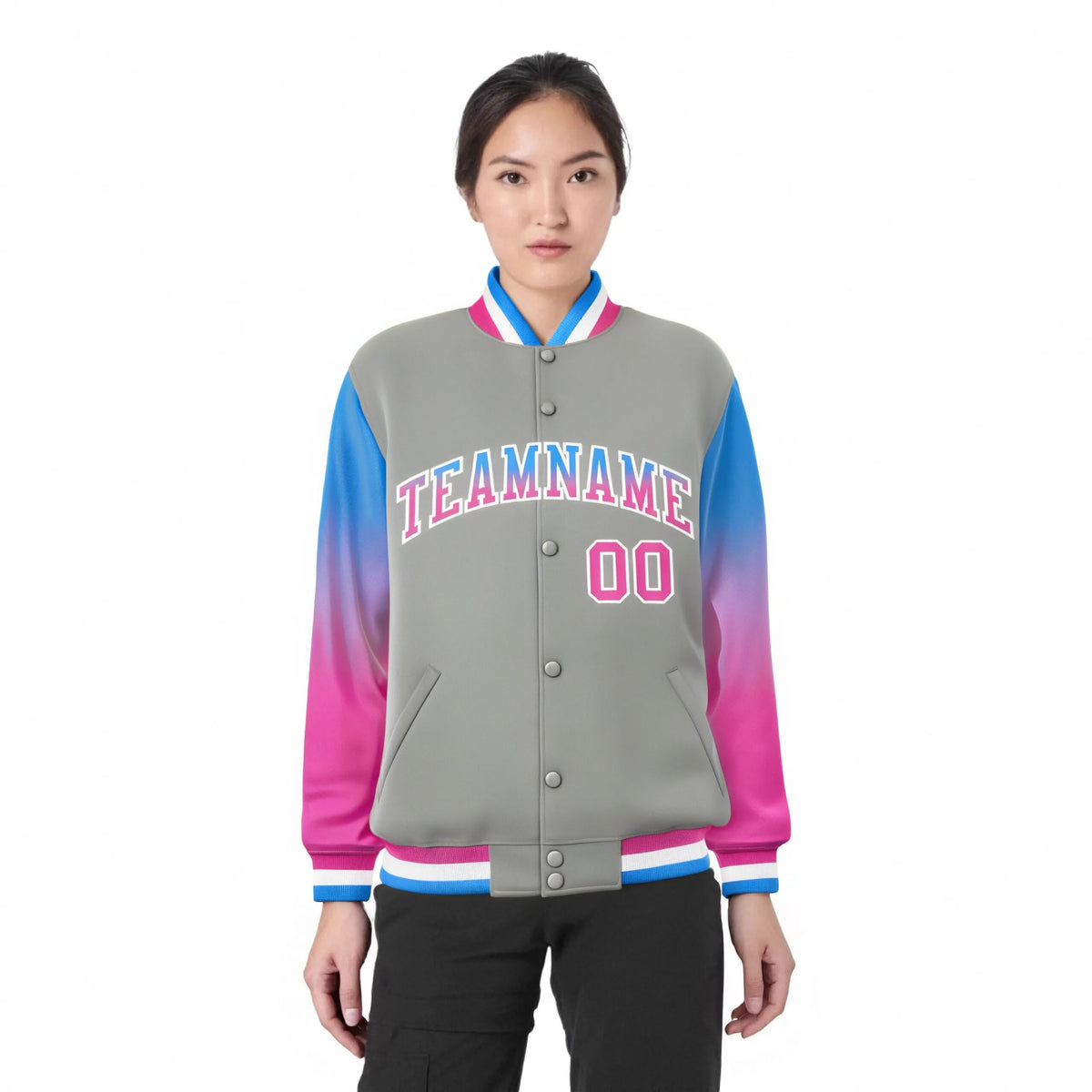 Custom Gray Powder Blue-Pink Varsity Full-Snap Sleeve Gradient Fashion Letterman Baseball Jacket
