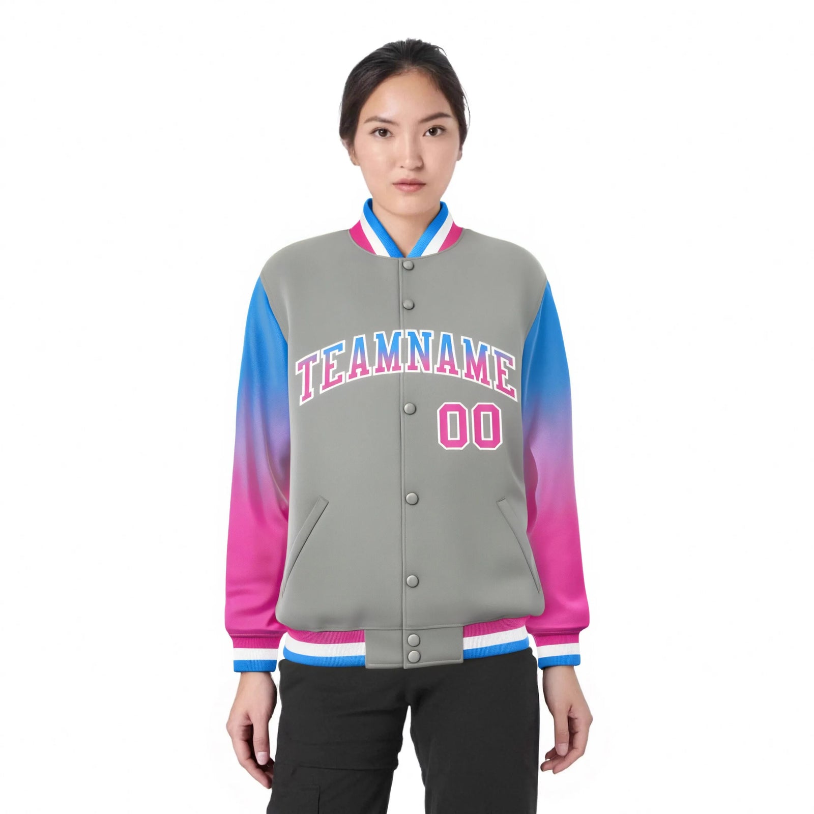 Custom Gray Powder Blue-Pink Varsity Full-Snap Sleeve Gradient Fashion Letterman Baseball Jacket