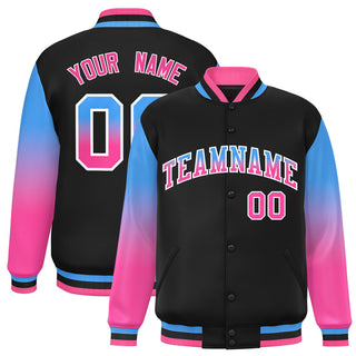 Custom Black Powder Blue Pink Varsity Full-Snap Sleeve Gradient Fashion Letterman Baseball Jacket - Style 1