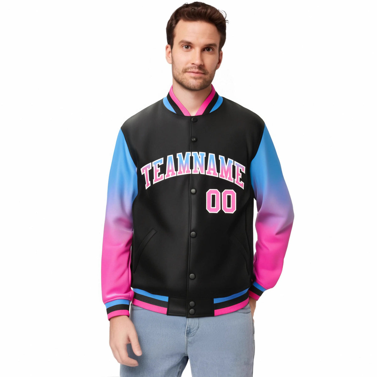 Custom Black Powder Blue-Pink Varsity Full-Snap Sleeve Gradient Fashion Letterman Baseball Jacket