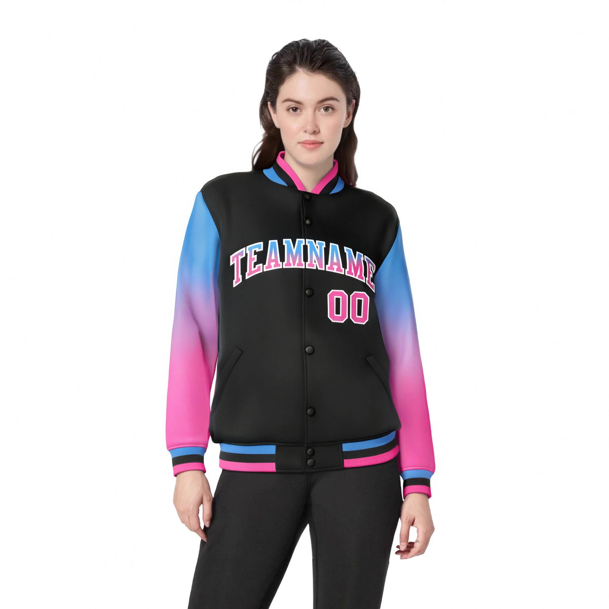 Custom Black Powder Blue-Pink Varsity Full-Snap Sleeve Gradient Fashion Letterman Baseball Jacket