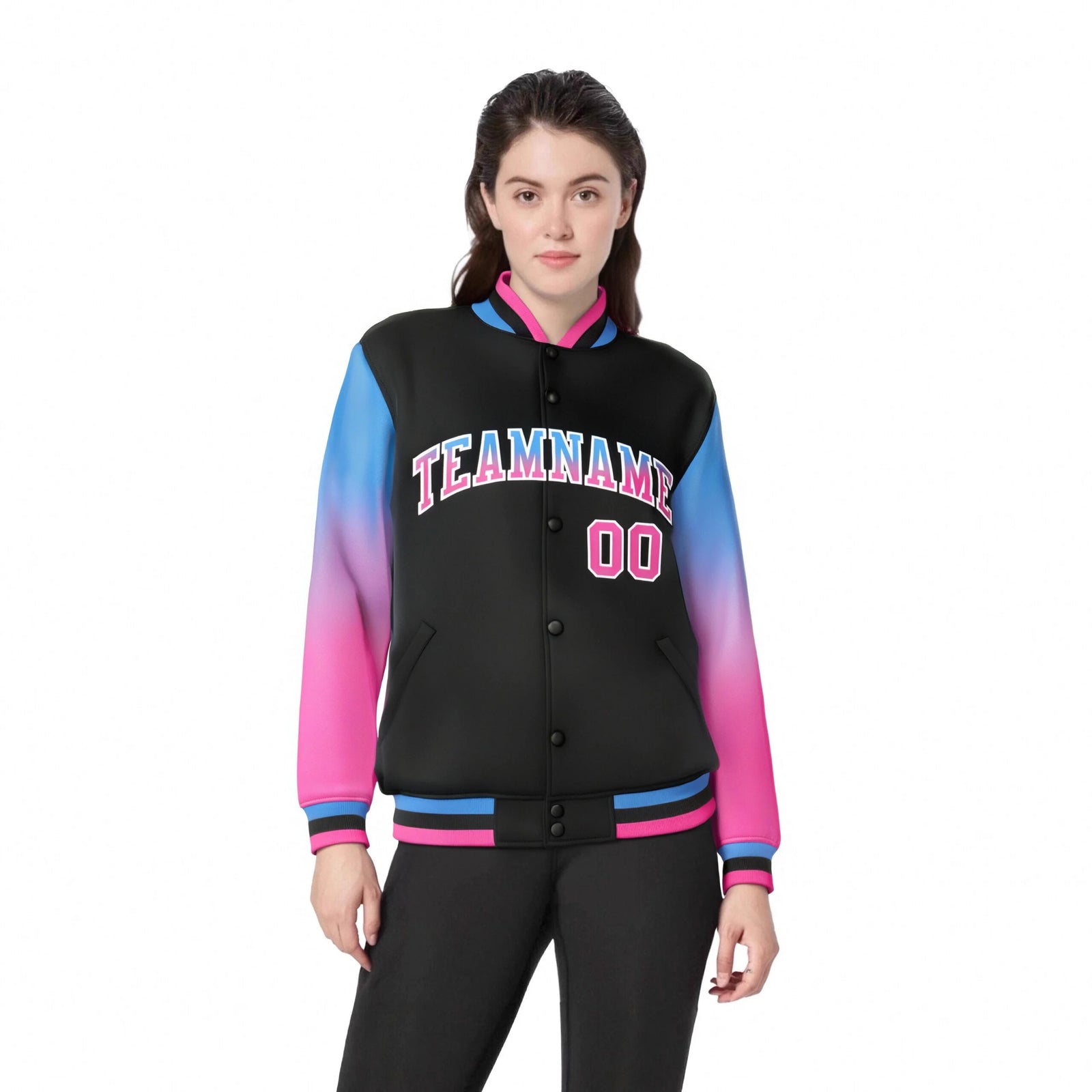 Custom Black Powder Blue-Pink Varsity Full-Snap Sleeve Gradient Fashion Letterman Baseball Jacket