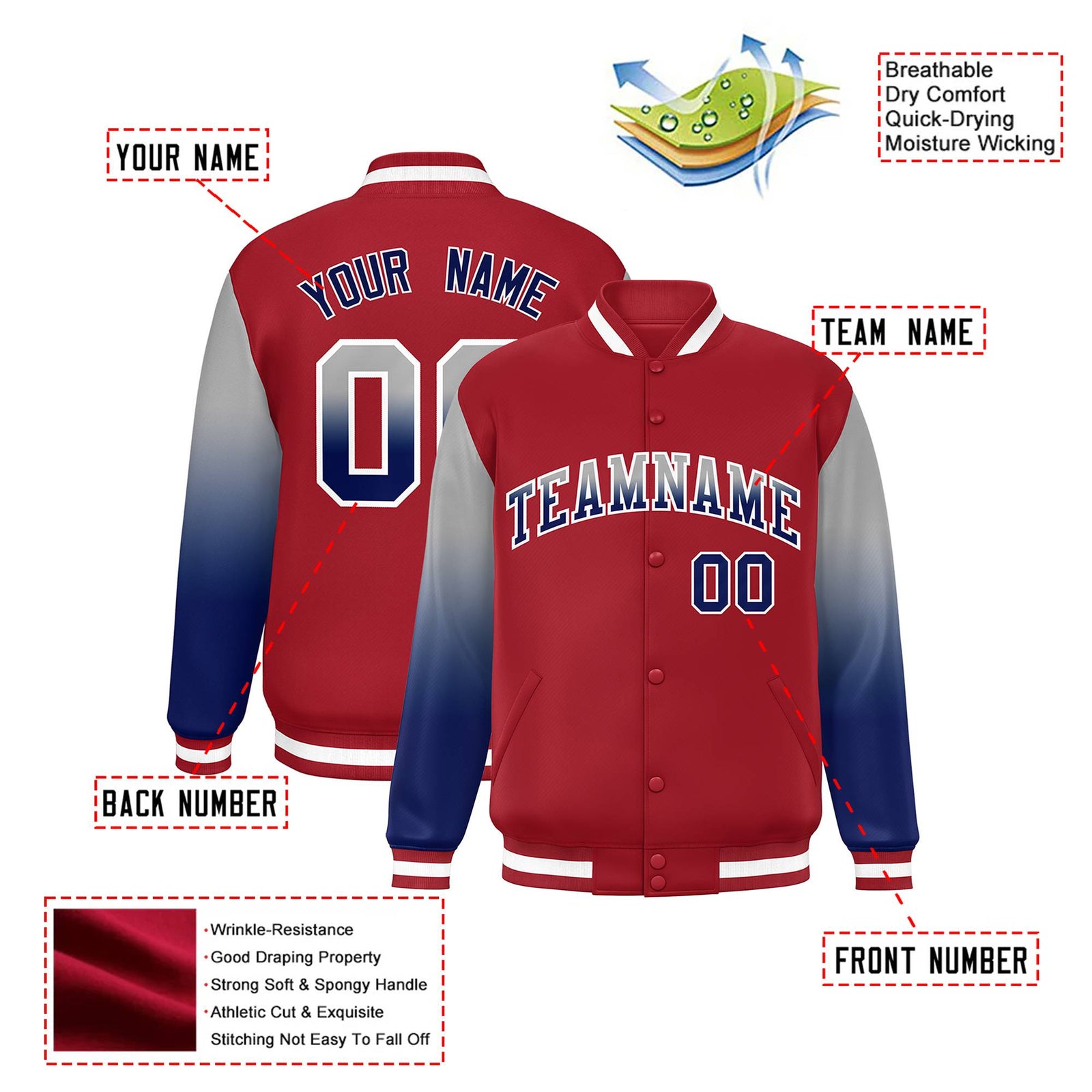 Custom Red Gray-Royal Blue Varsity Full-Snap Sleeve Gradient Fashion Letterman Baseball Jacket