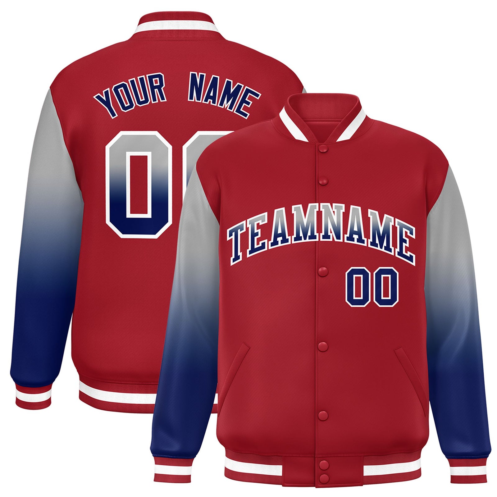 Custom Red Gray-Royal Blue Varsity Full-Snap Sleeve Gradient Fashion Letterman Baseball Jacket