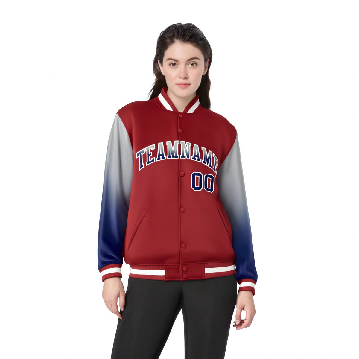 Custom Red Gray-Royal Blue Varsity Full-Snap Sleeve Gradient Fashion Letterman Baseball Jacket