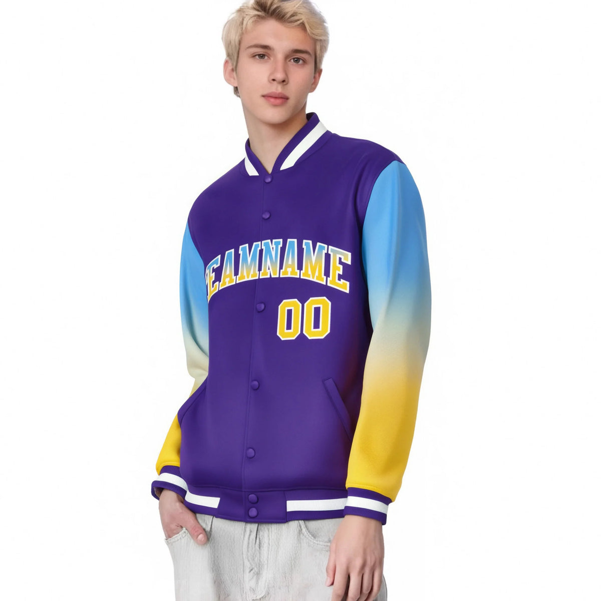 Custom Purple Powder Blue-Gold Varsity Full-Snap Sleeve Gradient Fashion Letterman Baseball Jacket