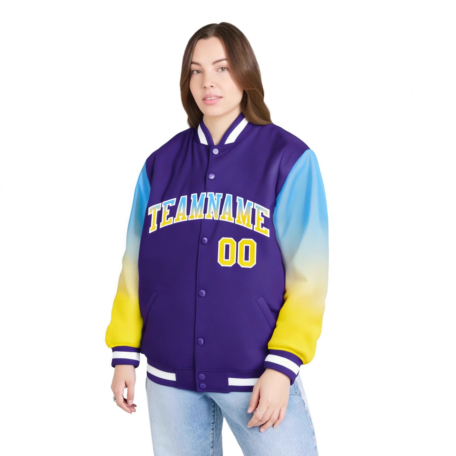Custom Purple Powder Blue-Gold Varsity Full-Snap Sleeve Gradient Fashion Letterman Baseball Jacket