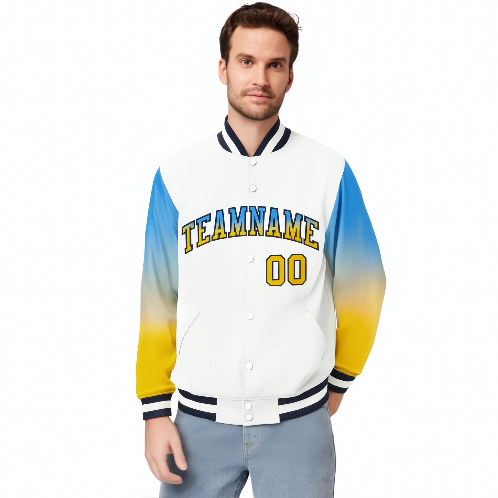 Custom White Powder Blue-Gold Varsity Full-Snap Sleeve Gradient Fashion Letterman Baseball Jacket