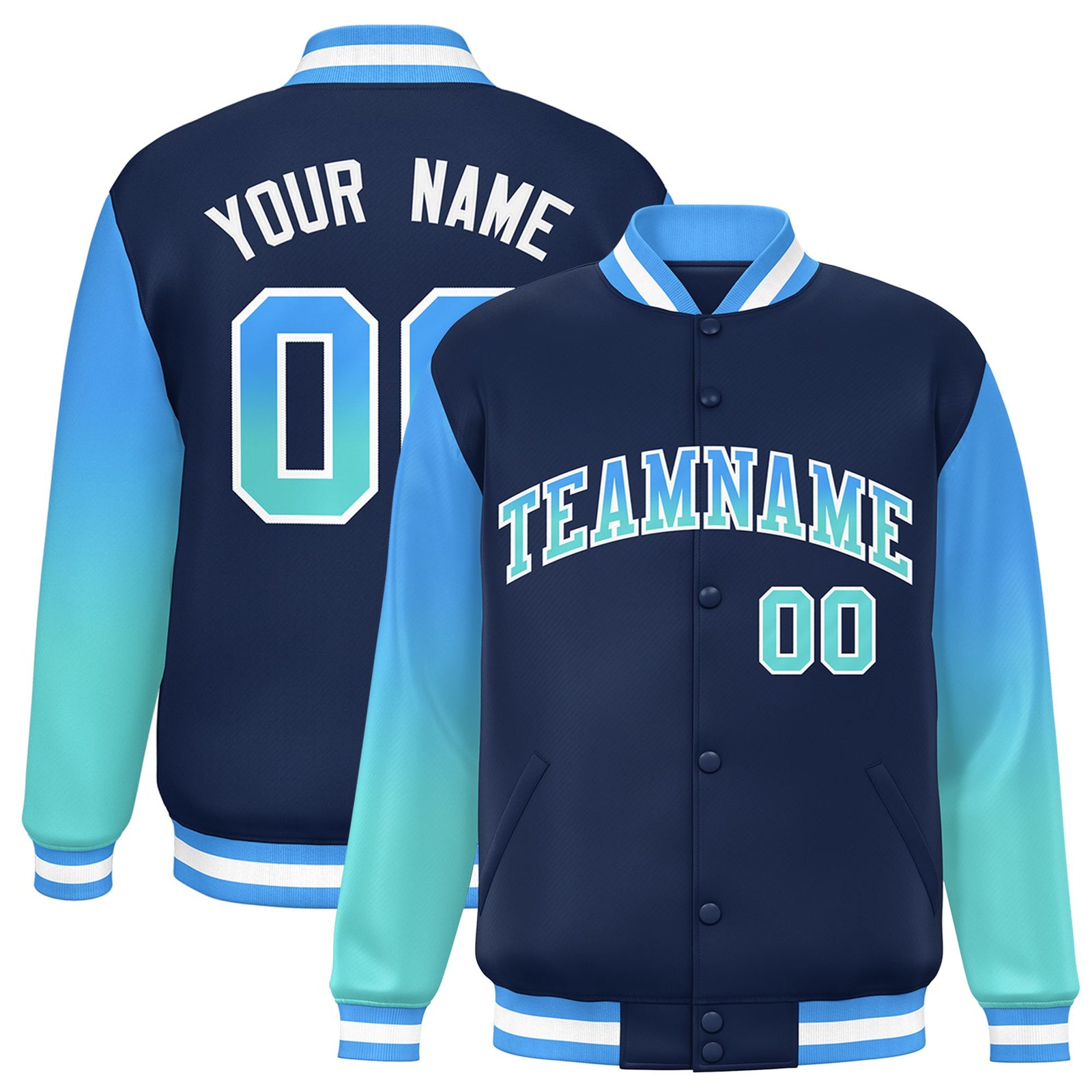 Custom Navy Powder Blue-Aqua Varsity Full-Snap Sleeve Gradient Fashion Letterman Baseball Jacket