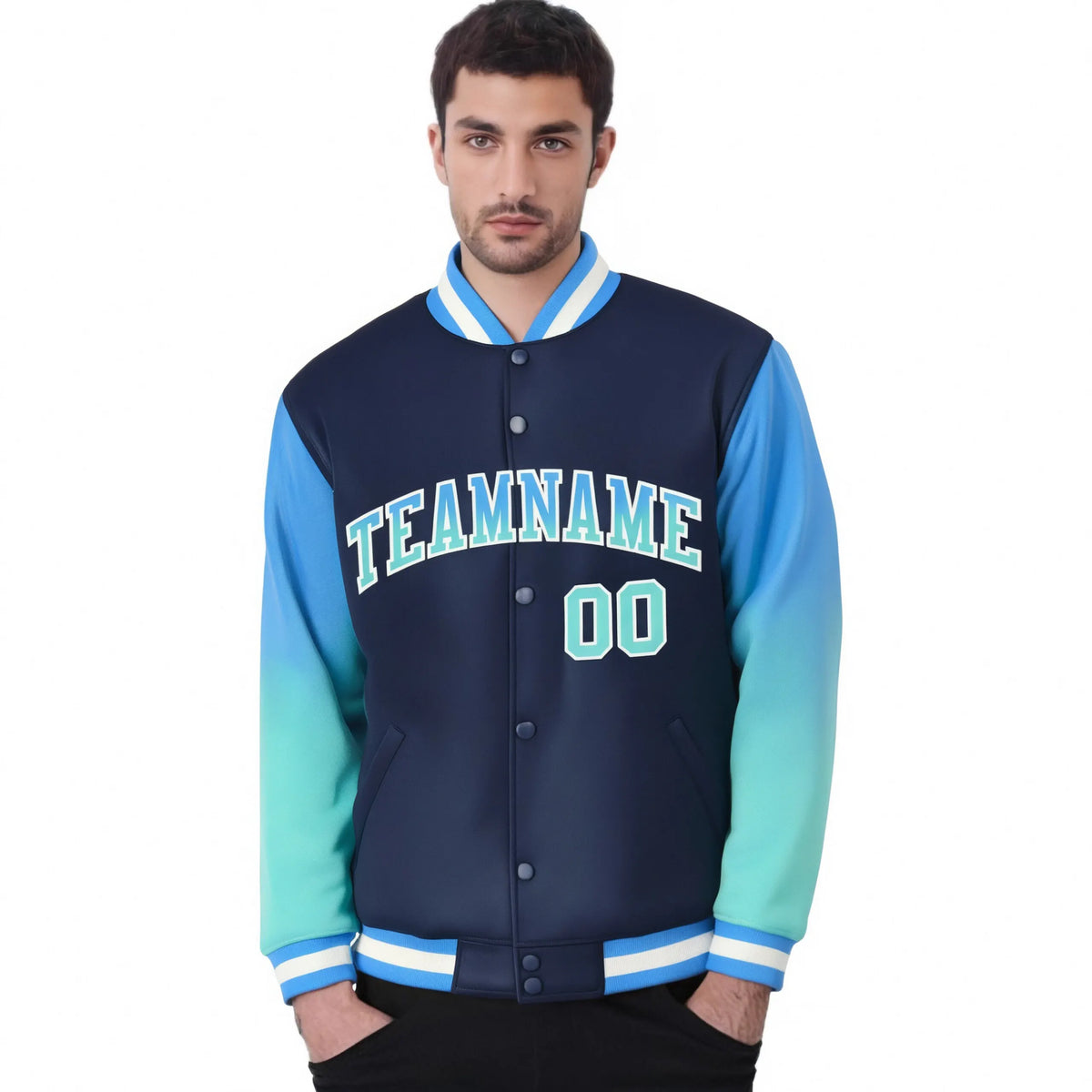 Custom Navy Powder Blue-Aqua Varsity Full-Snap Sleeve Gradient Fashion Letterman Baseball Jacket
