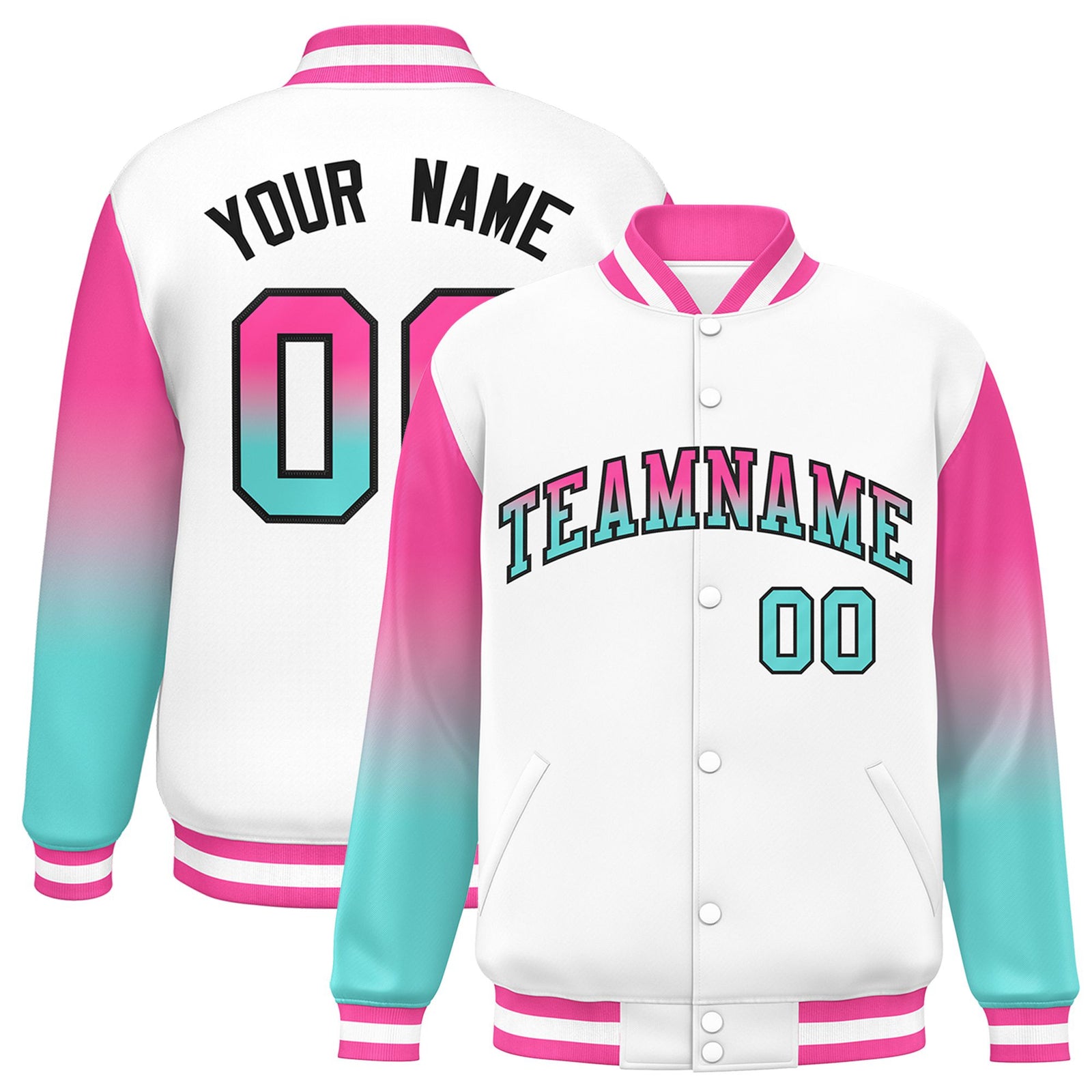 Custom White Pink-Aqua Varsity Full-Snap Sleeve Gradient Fashion Letterman Baseball Jacket