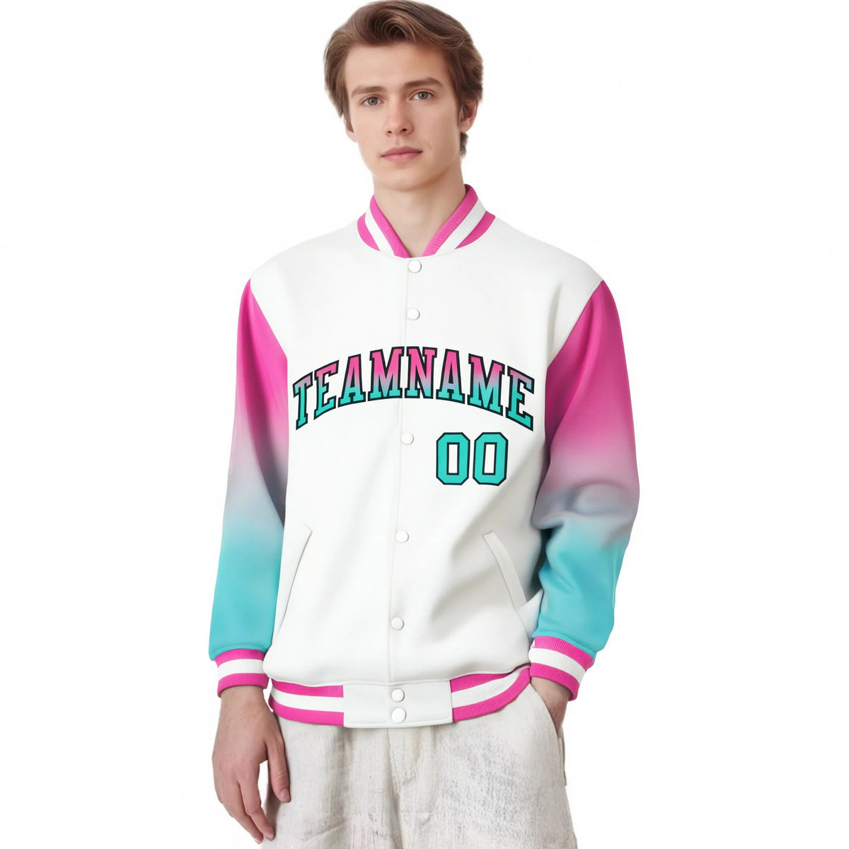 Custom White Pink-Aqua Varsity Full-Snap Sleeve Gradient Fashion Letterman Baseball Jacket