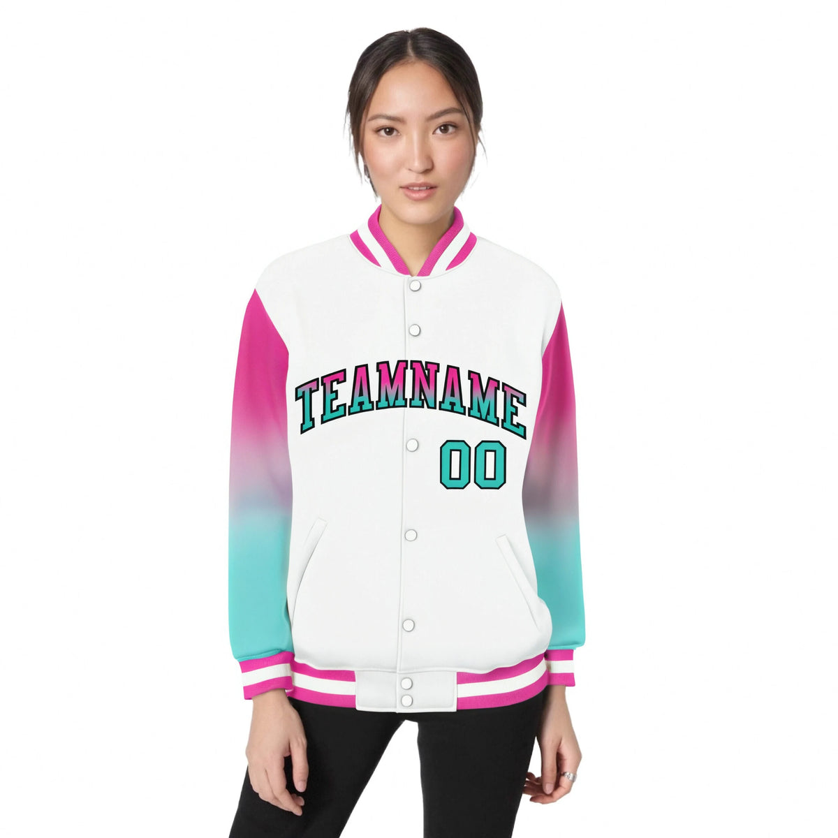 Custom White Pink-Aqua Varsity Full-Snap Sleeve Gradient Fashion Letterman Baseball Jacket