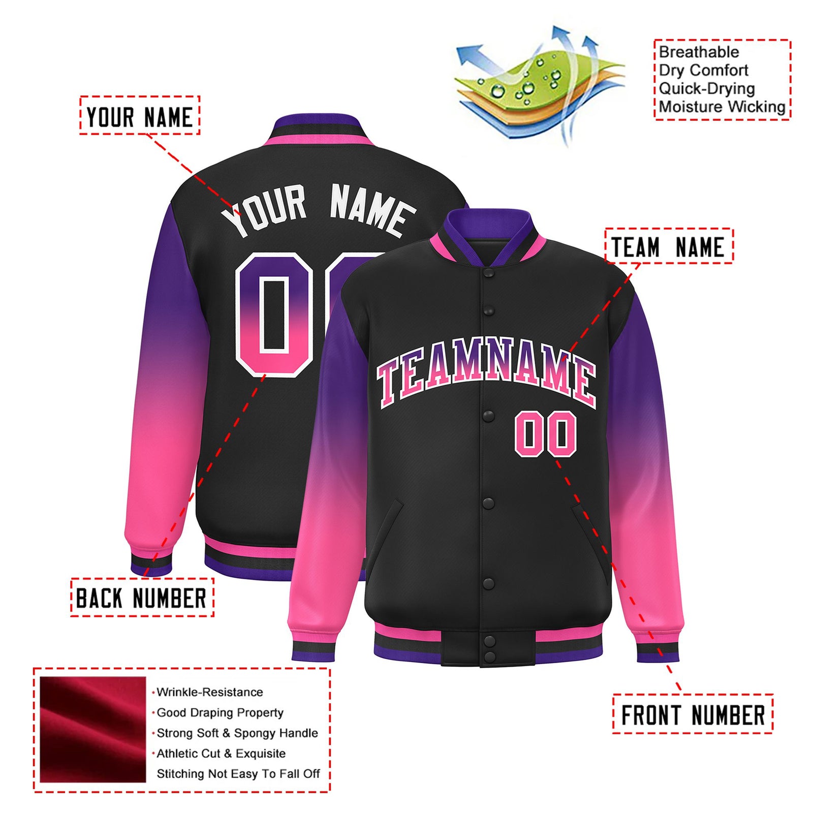 Custom Black Purple-Pink Varsity Full-Snap Sleeve Gradient Fashion Letterman Baseball Jacket