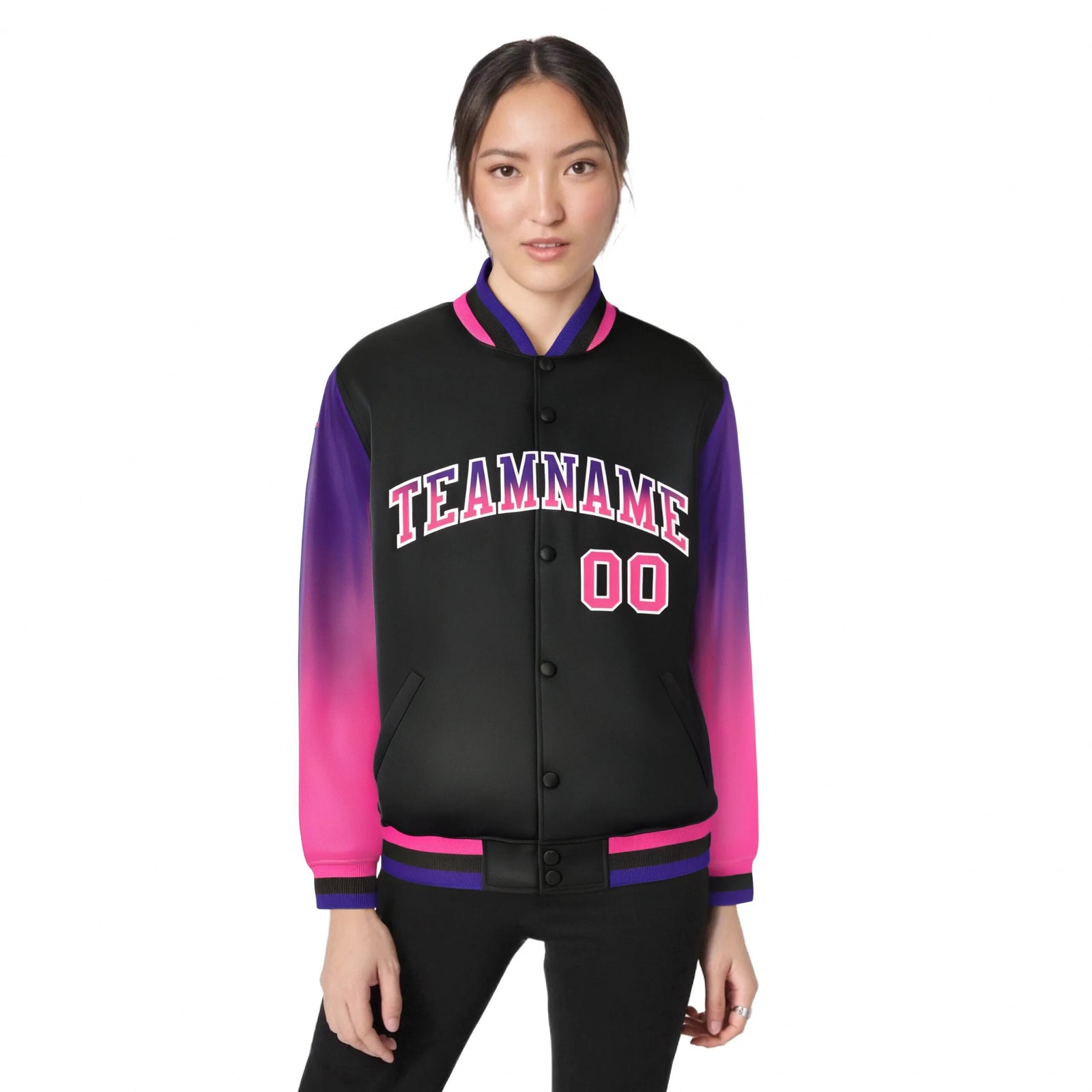 Custom Black Purple-Pink Varsity Full-Snap Sleeve Gradient Fashion Letterman Baseball Jacket